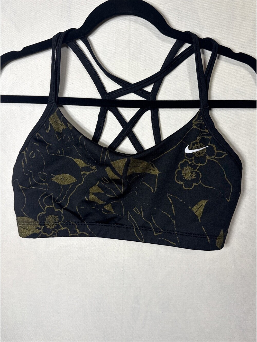 Nike Womens Indy Strappy Sports Bra Black Gold Metallic Floral Print Large